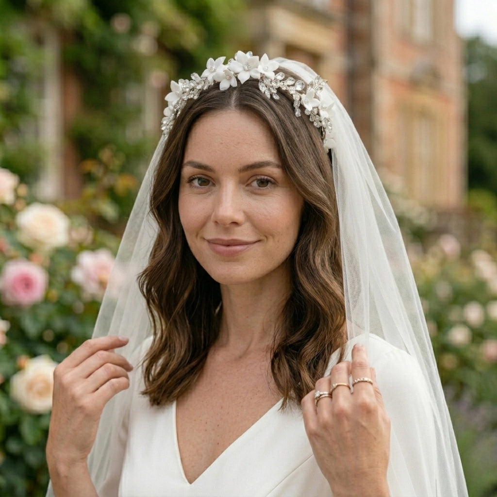 Elise, Serre-tête mariage argenté - Fleurs délicates et cristaux