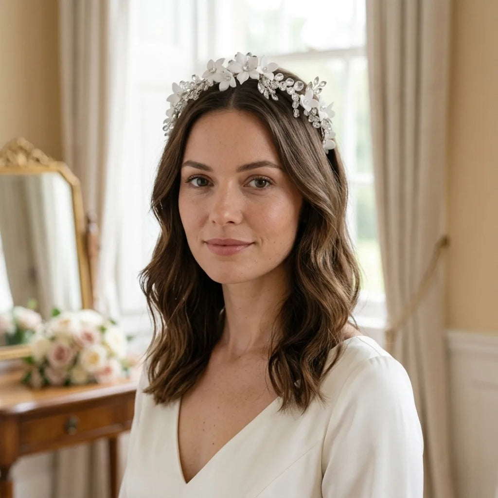 Elise, Serre-tête mariage argenté - Fleurs délicates et cristaux