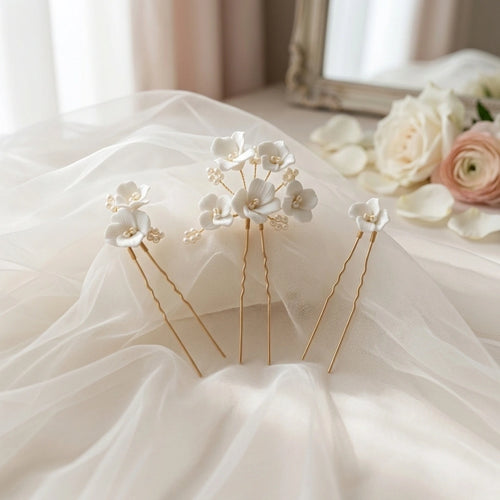 Lila – 3 Épingles cheveux dorées - Fleurs délicates en porcelaine