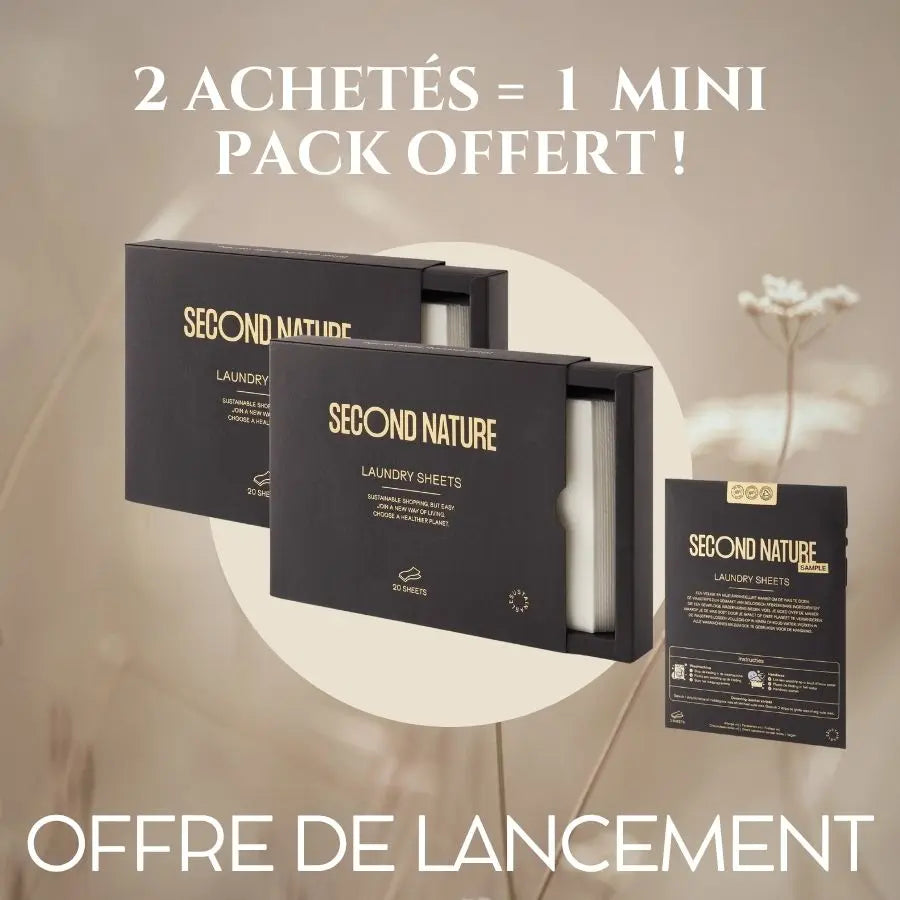 Offre promotionnelle pour 2 packs de lessive en feuille achetés, un mini pack de 3 feuilles offert 