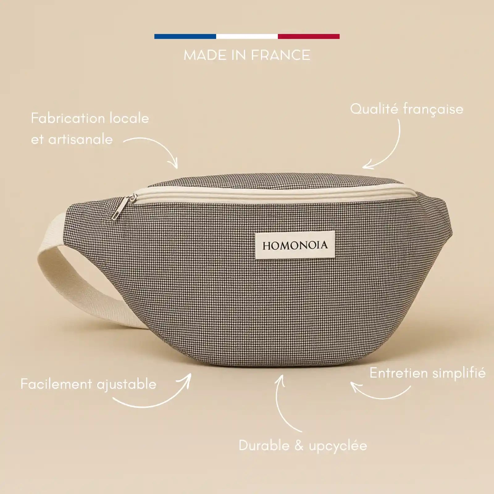 Sac banane femme carreaux pieds de poule, made in france